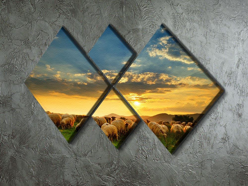 Flock of sheep grazing in a hill at sunset 4 Square Multi Panel Canvas - Canvas Art Rocks - 2