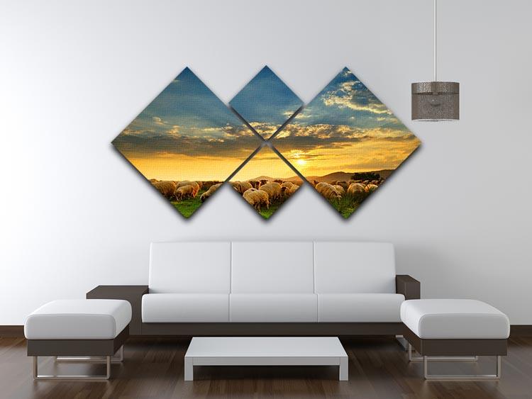 Flock of sheep grazing in a hill at sunset 4 Square Multi Panel Canvas - Canvas Art Rocks - 3