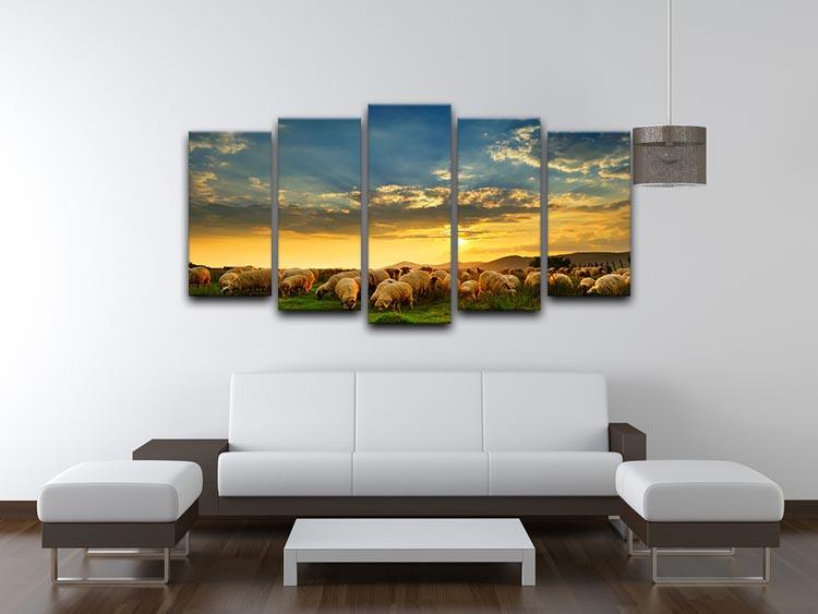 Flock of sheep grazing in a hill at sunset 5 Split Panel Canvas - Canvas Art Rocks - 3