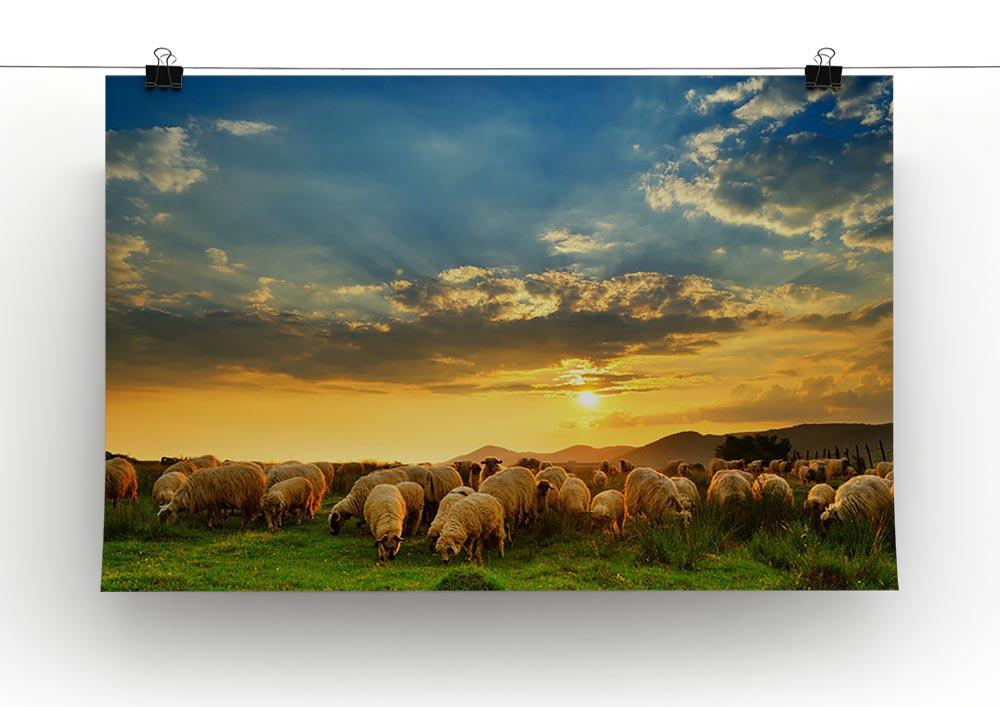 Flock of sheep grazing in a hill at sunset Canvas Print or Poster - Canvas Art Rocks - 2