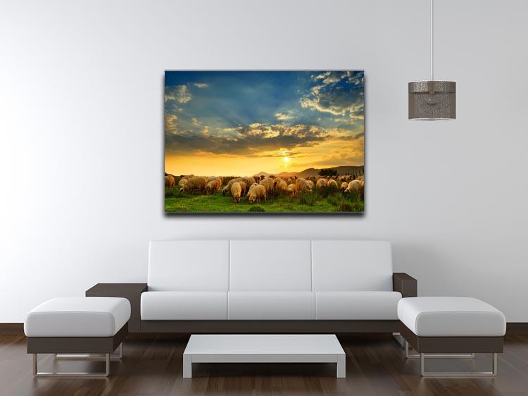 Flock of sheep grazing in a hill at sunset Canvas Print or Poster - Canvas Art Rocks - 4