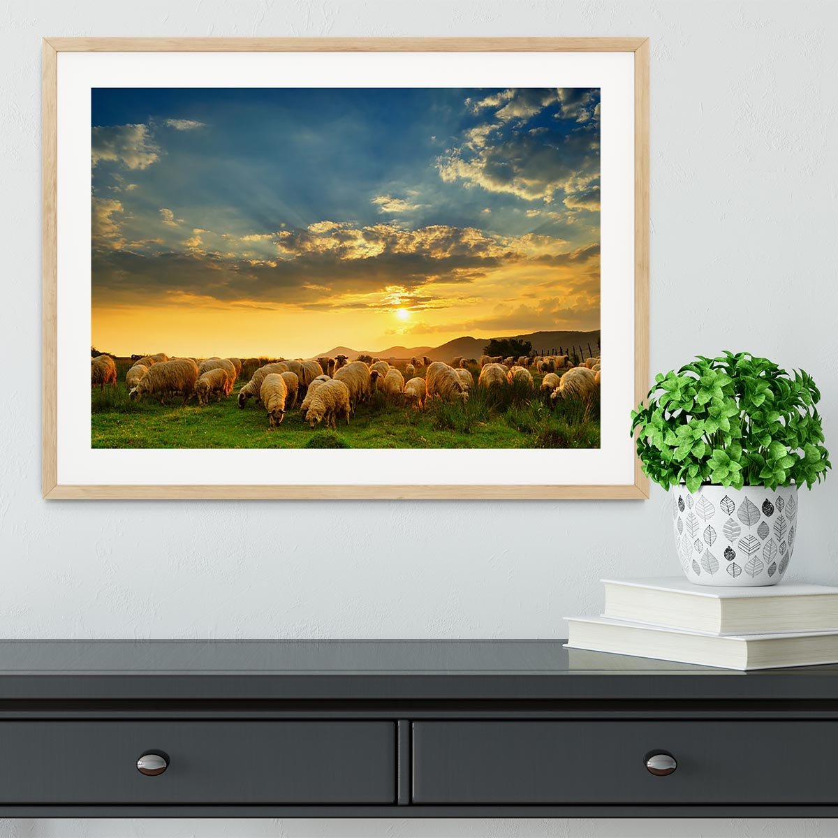 Flock of sheep grazing in a hill at sunset Framed Print - Canvas Art Rocks - 3