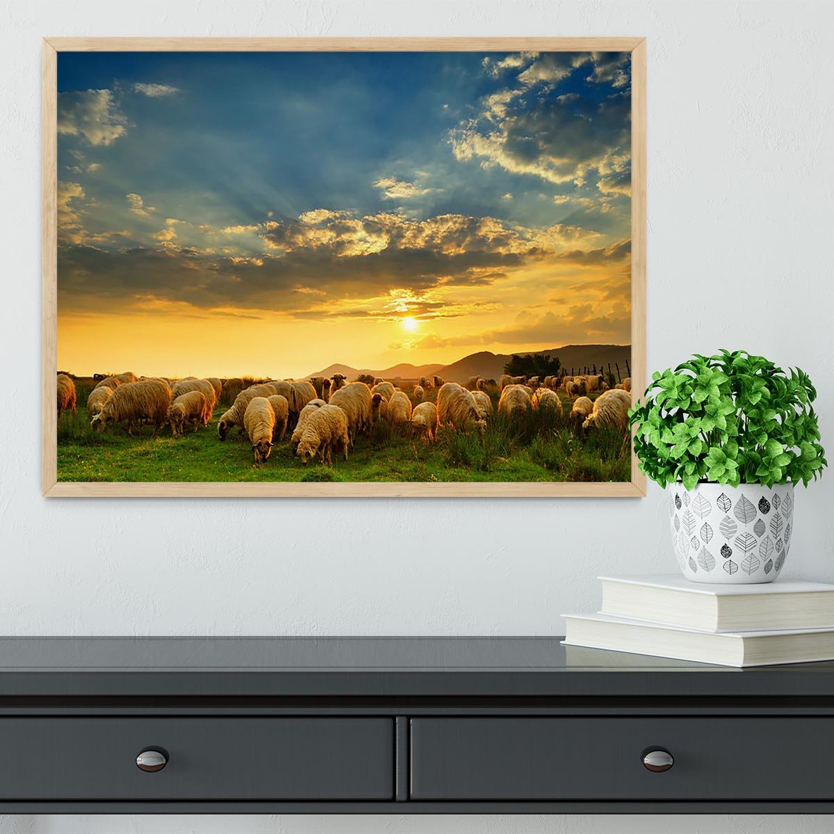 Flock of sheep grazing in a hill at sunset Framed Print - Canvas Art Rocks - 4