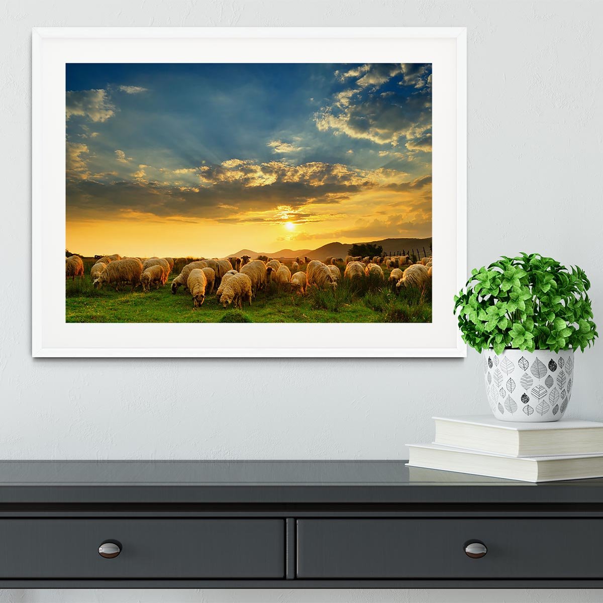 Flock of sheep grazing in a hill at sunset Framed Print - Canvas Art Rocks - 5