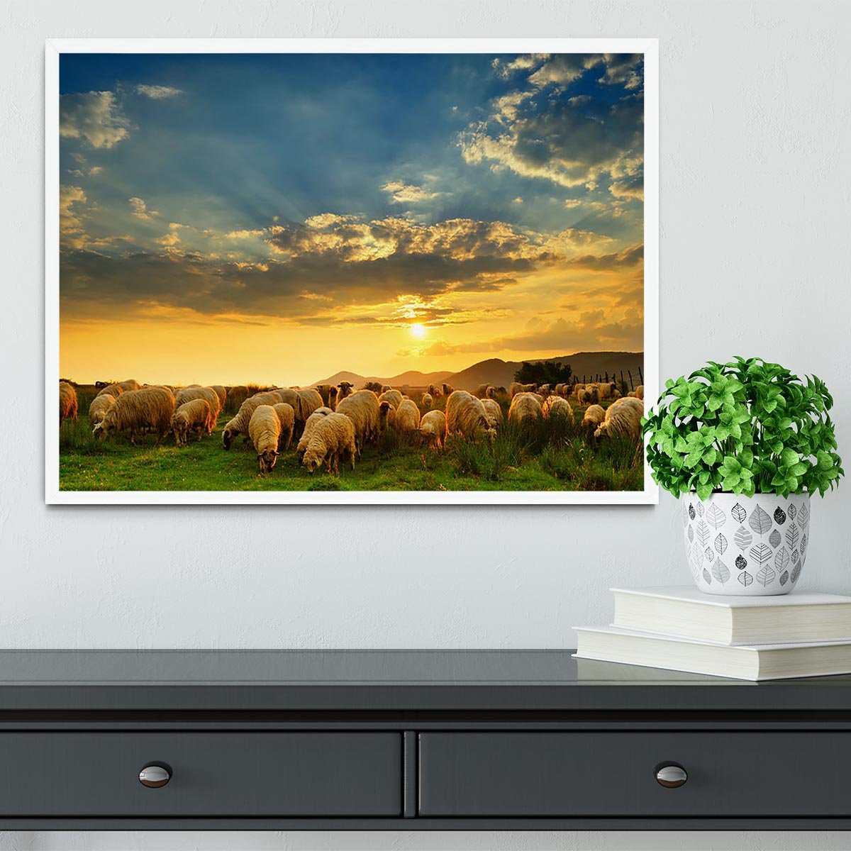 Flock of sheep grazing in a hill at sunset Framed Print - Canvas Art Rocks -6