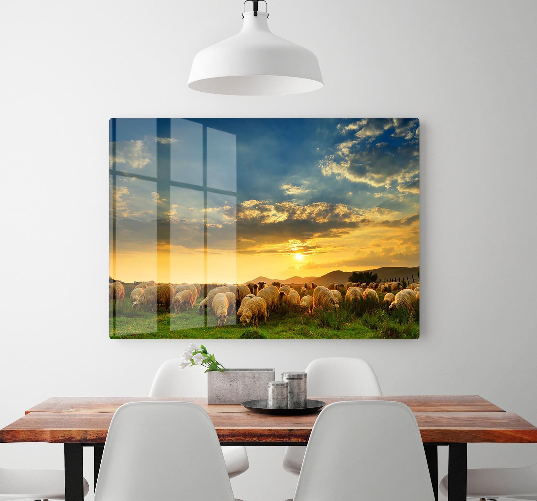 Flock of sheep grazing in a hill at sunset HD Metal Print - Canvas Art Rocks - 2