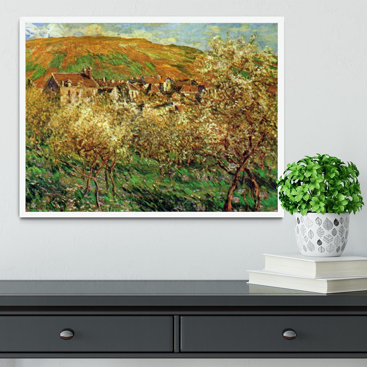 Flowering apple trees by Monet Framed Print - Canvas Art Rocks -6