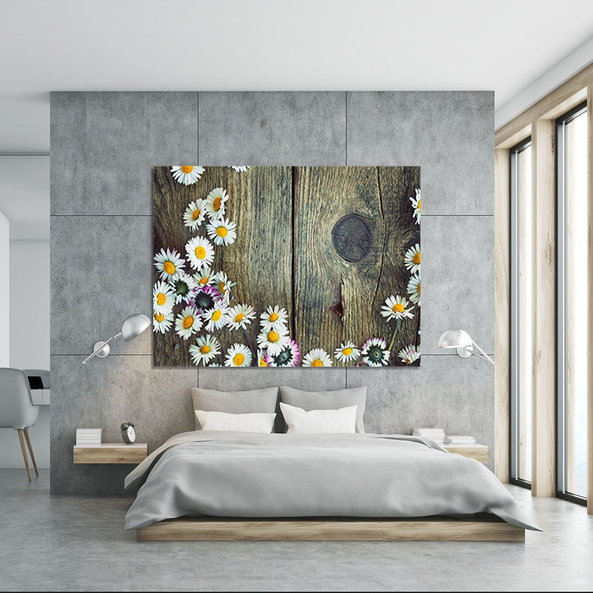Fresh daisies on wood Canvas Print or Poster