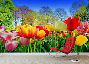 Fresh multicolored tulips in a spring park Wall Mural Wallpaper - Canvas Art Rocks - 2