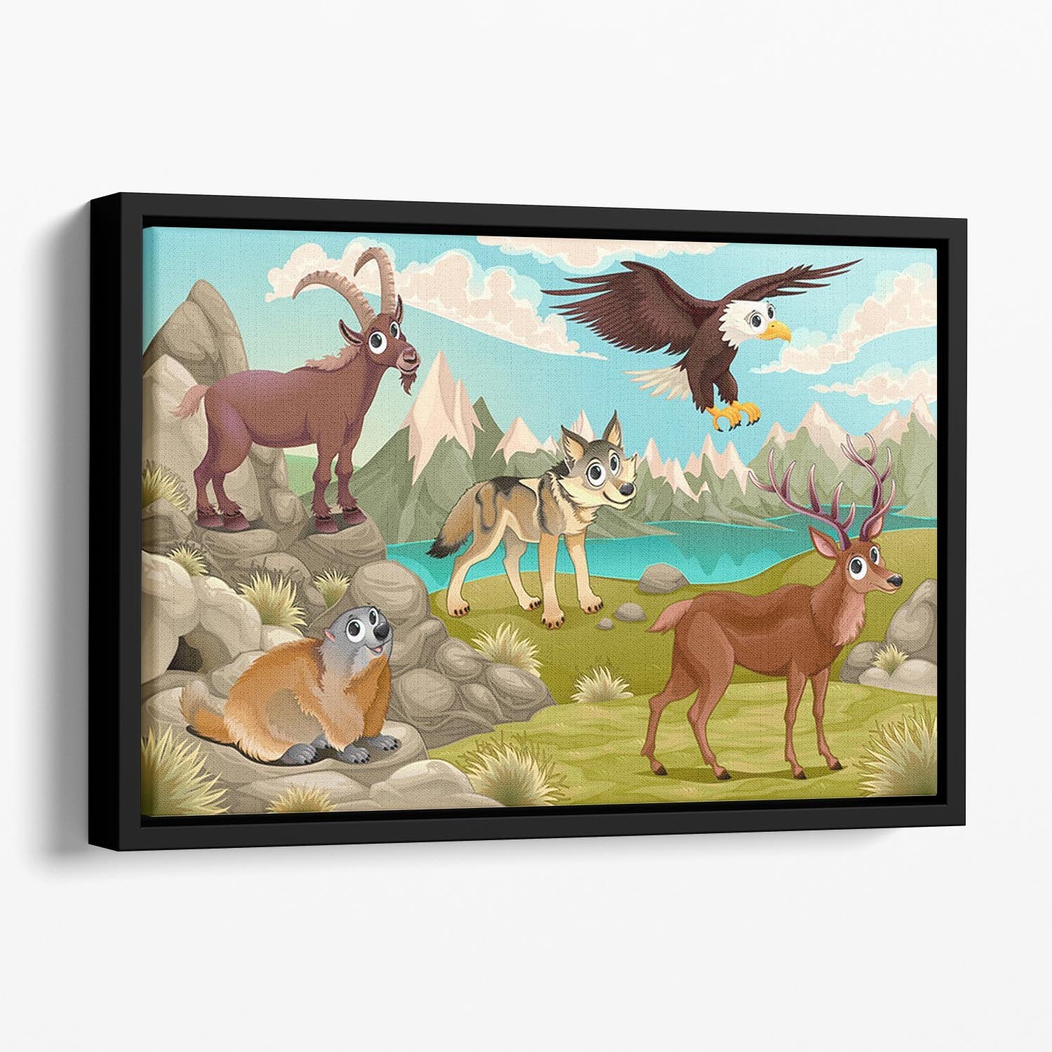 Funny animals in a mountain landscape Floating Framed Canvas - Canvas Art Rocks - 1