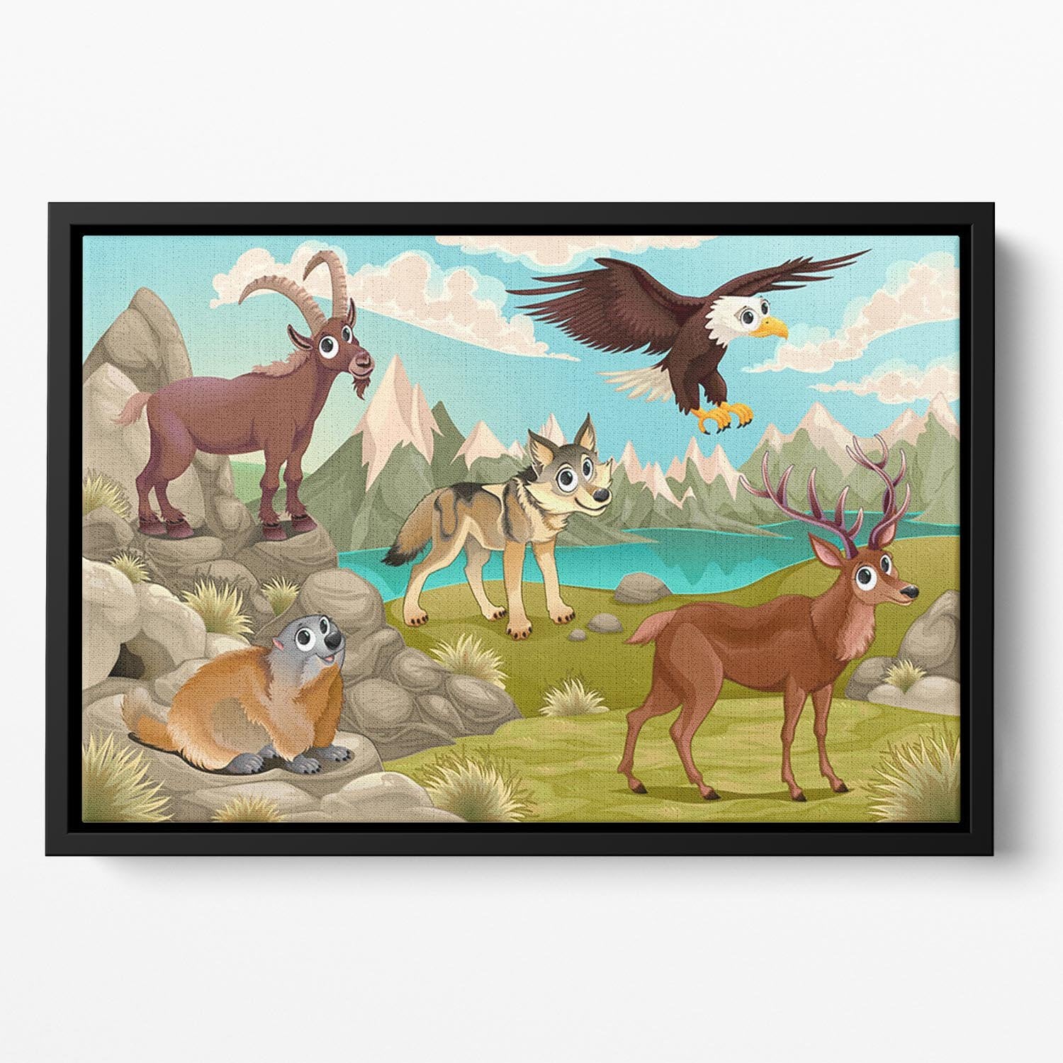 Funny animals in a mountain landscape Floating Framed Canvas - Canvas Art Rocks - 2