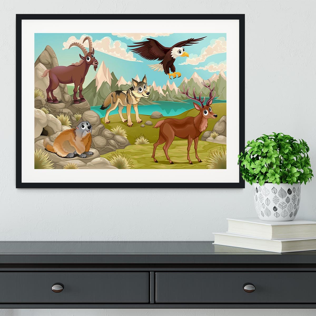 Funny animals in a mountain landscape Framed Print - Canvas Art Rocks - 1