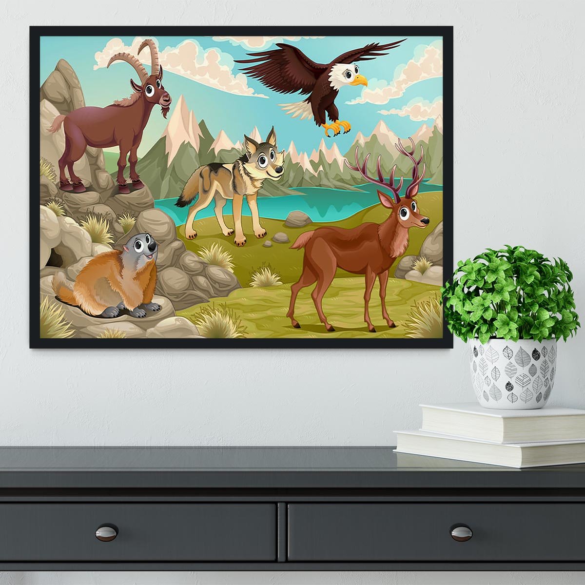 Funny animals in a mountain landscape Framed Print - Canvas Art Rocks - 2