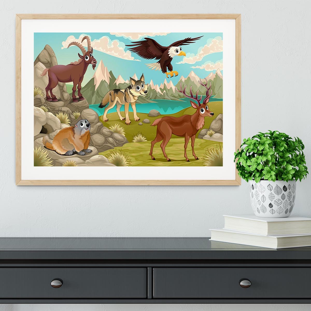 Funny animals in a mountain landscape Framed Print - Canvas Art Rocks - 3