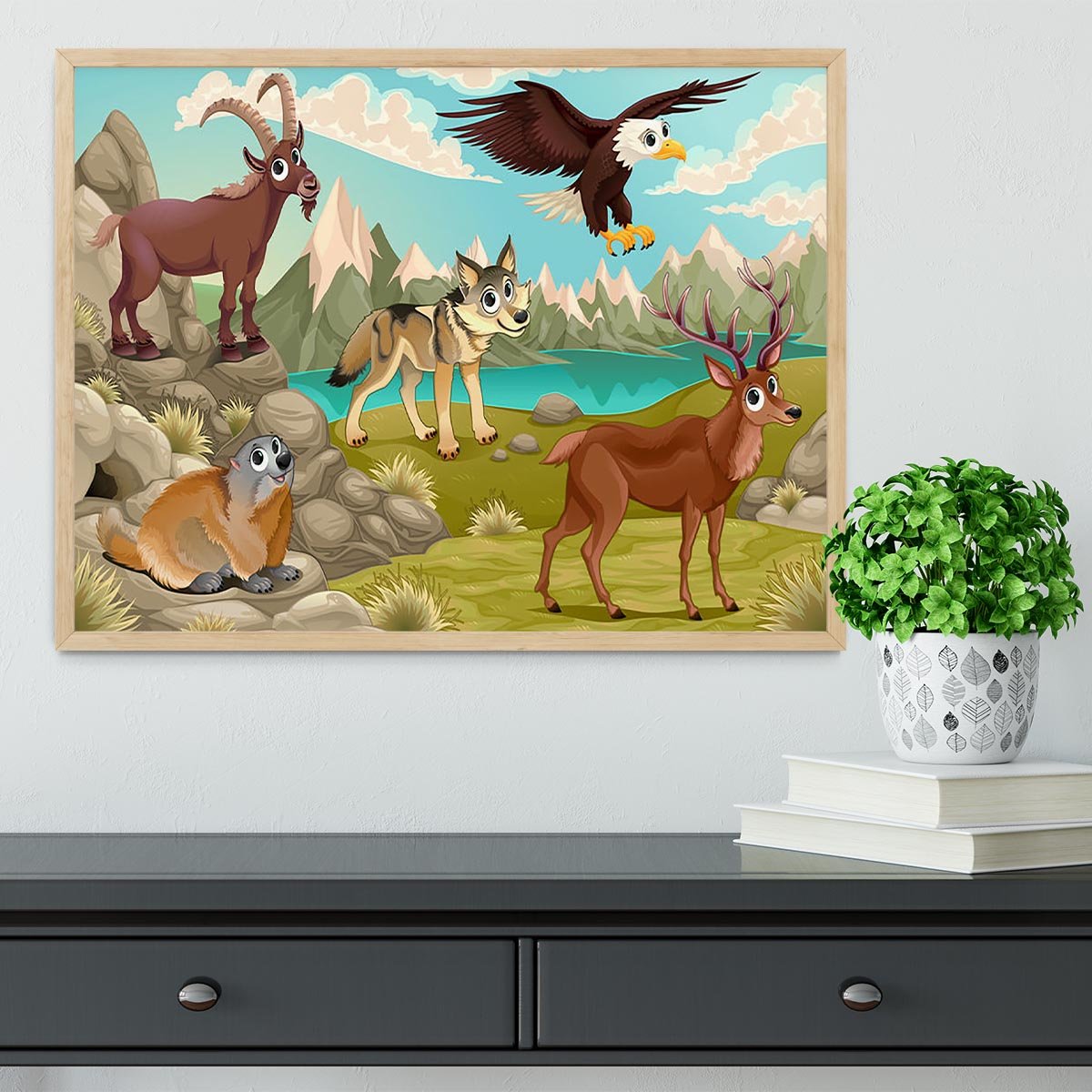 Funny animals in a mountain landscape Framed Print - Canvas Art Rocks - 4