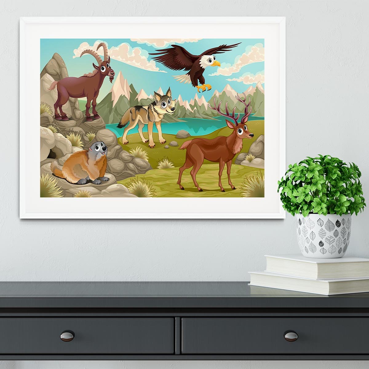Funny animals in a mountain landscape Framed Print - Canvas Art Rocks - 5