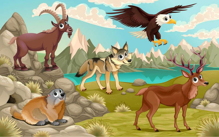 Funny animals in a mountain landscape Wall Mural Wallpaper