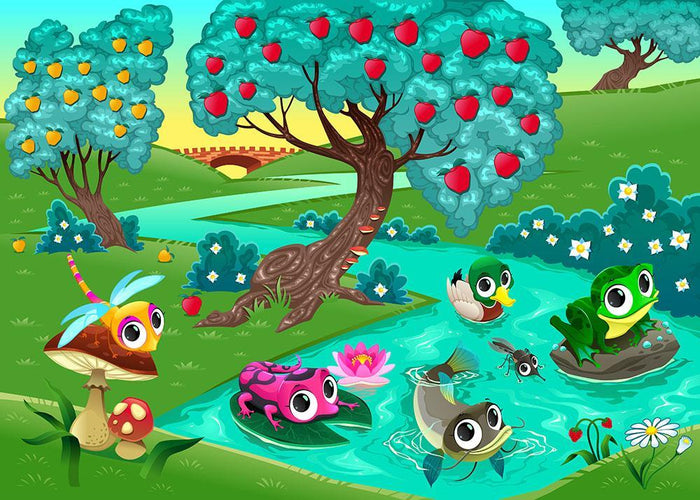 Funny animals on a river in the wood Wall Mural Wallpaper