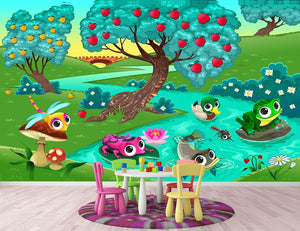 Funny animals on a river in the wood Wall Mural Wallpaper - Canvas Art Rocks - 2