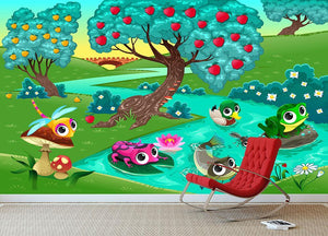 Funny animals on a river in the wood Wall Mural Wallpaper - Canvas Art Rocks - 3