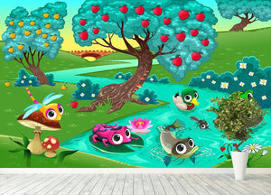 Funny animals on a river in the wood Wall Mural Wallpaper - Canvas Art Rocks - 4