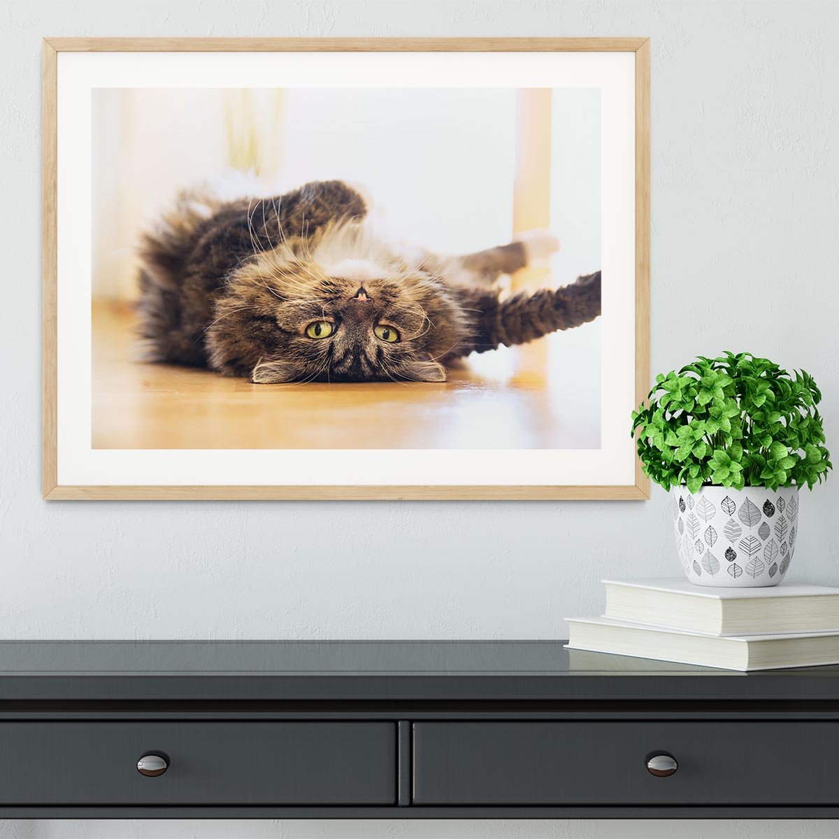 Funny cat is lying relaxed on his back Framed Print - Canvas Art Rocks - 3