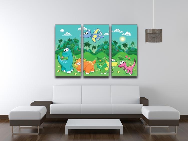 Funny dinosaurs in the forest 3 Split Panel Canvas Print - Canvas Art Rocks - 3