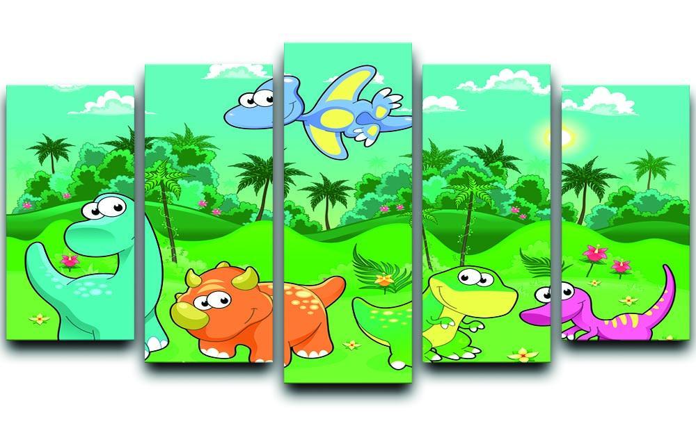 Funny dinosaurs in the forest 5 Split Panel Canvas  - Canvas Art Rocks - 1