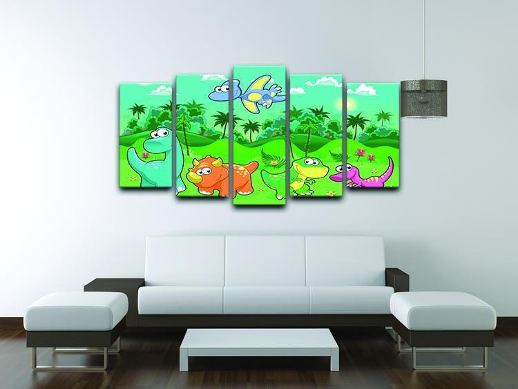 Funny dinosaurs in the forest 5 Split Panel Canvas - Canvas Art Rocks - 3
