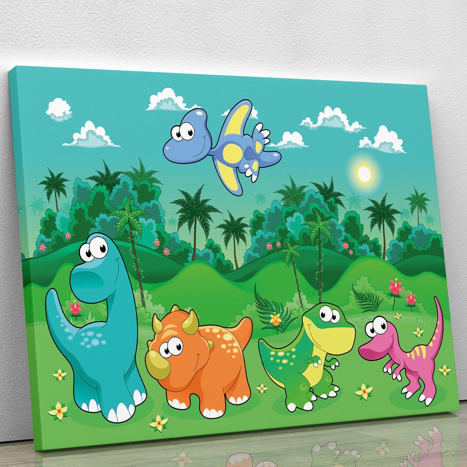 Funny dinosaurs in the forest Canvas Print or Poster