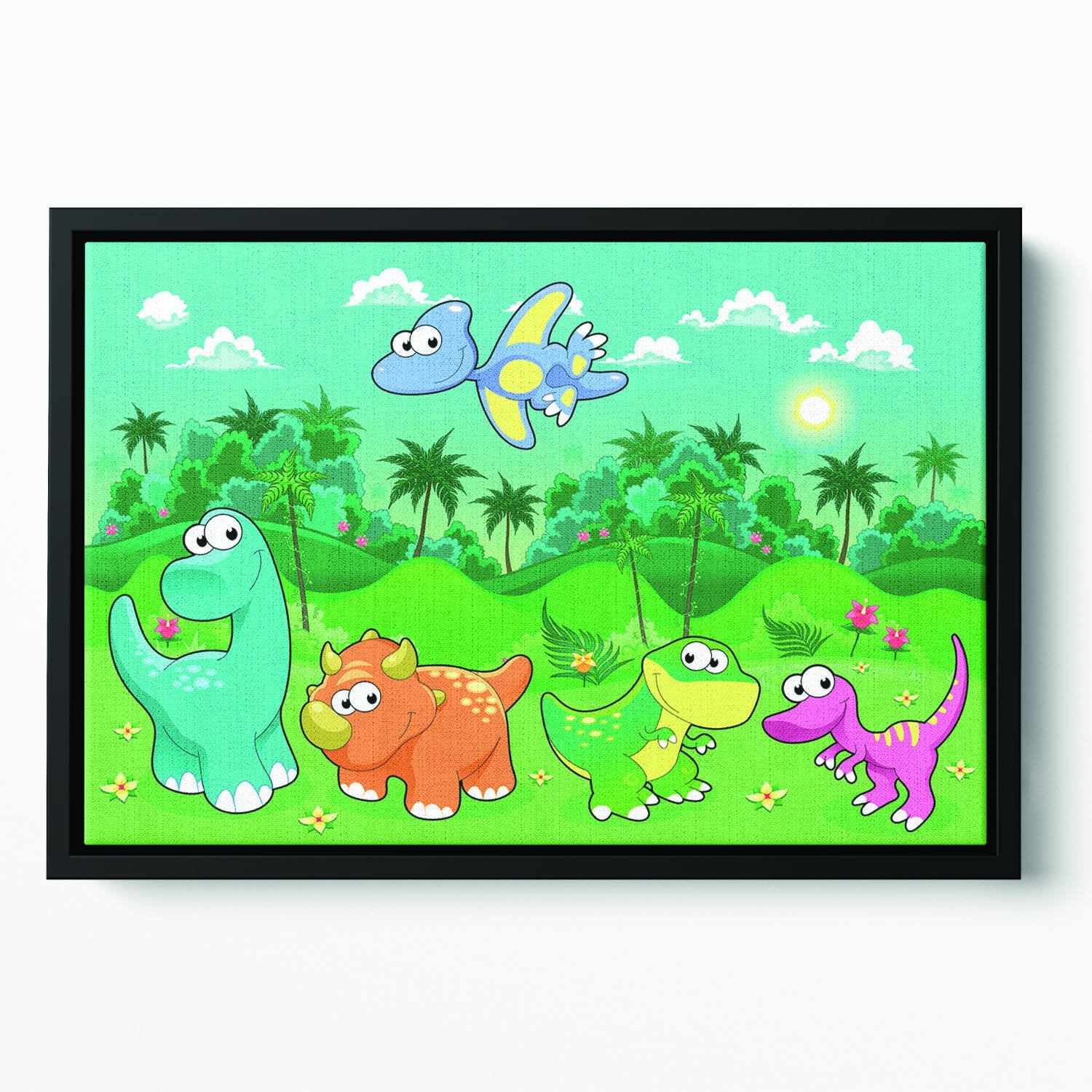 Funny dinosaurs in the forest Floating Framed Canvas