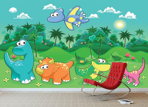 Funny dinosaurs in the forest Wall Mural Wallpaper - Canvas Art Rocks - 3