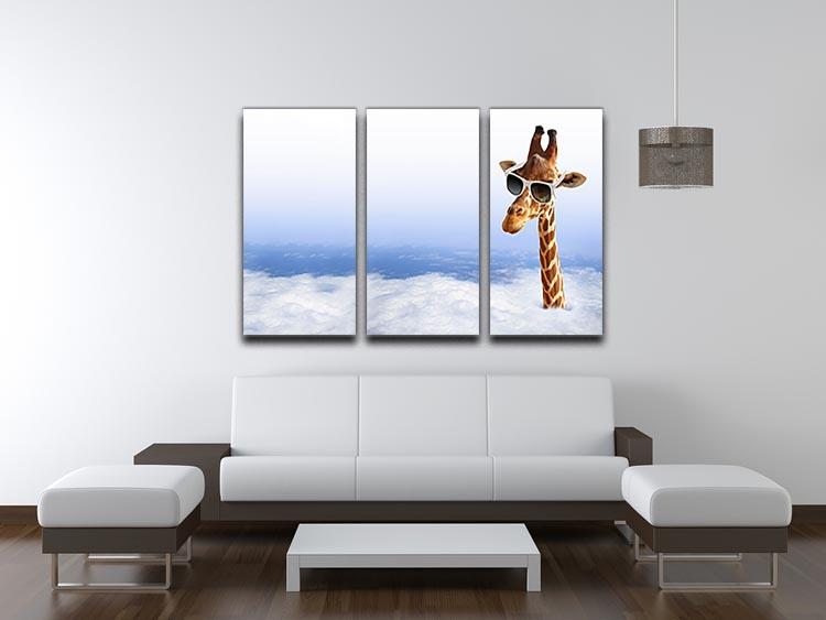 Funny giraffe with sunglasses coming out of the clouds 3 Split Panel Canvas Print - Canvas Art Rocks - 3
