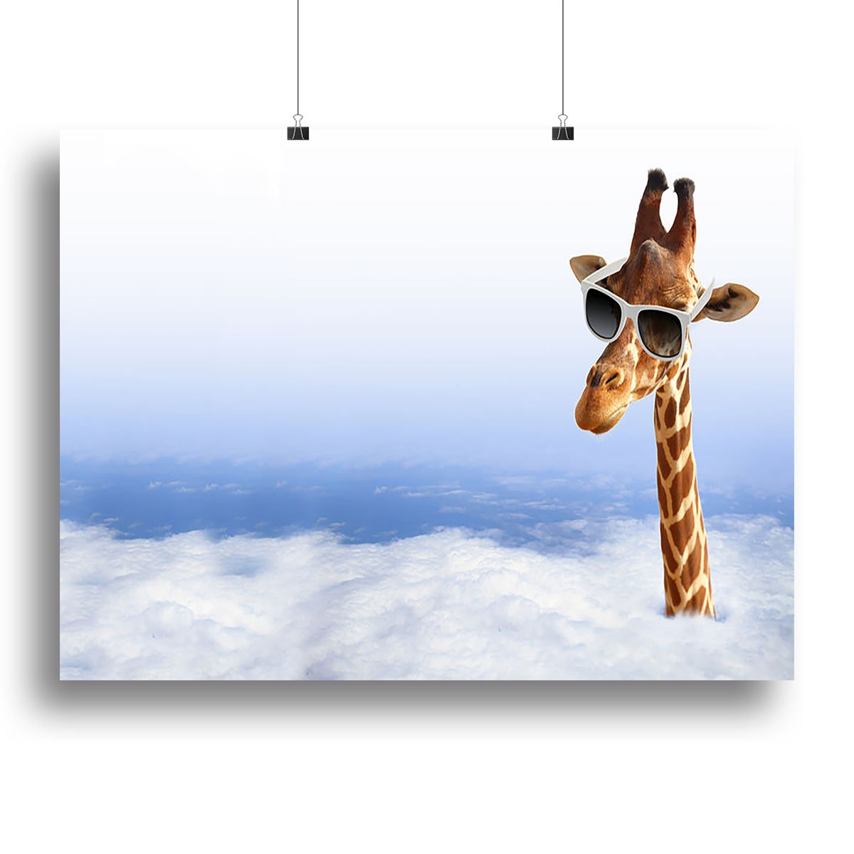Funny giraffe with sunglasses coming out of the clouds Canvas Print or Poster