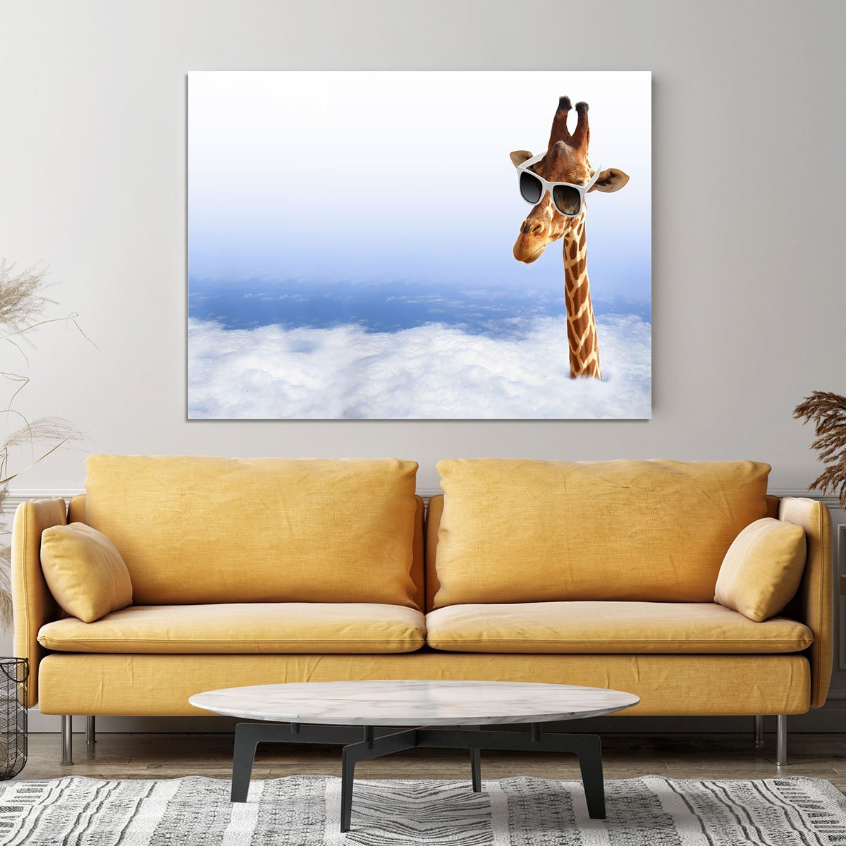 Funny giraffe with sunglasses coming out of the clouds Canvas Print or Poster