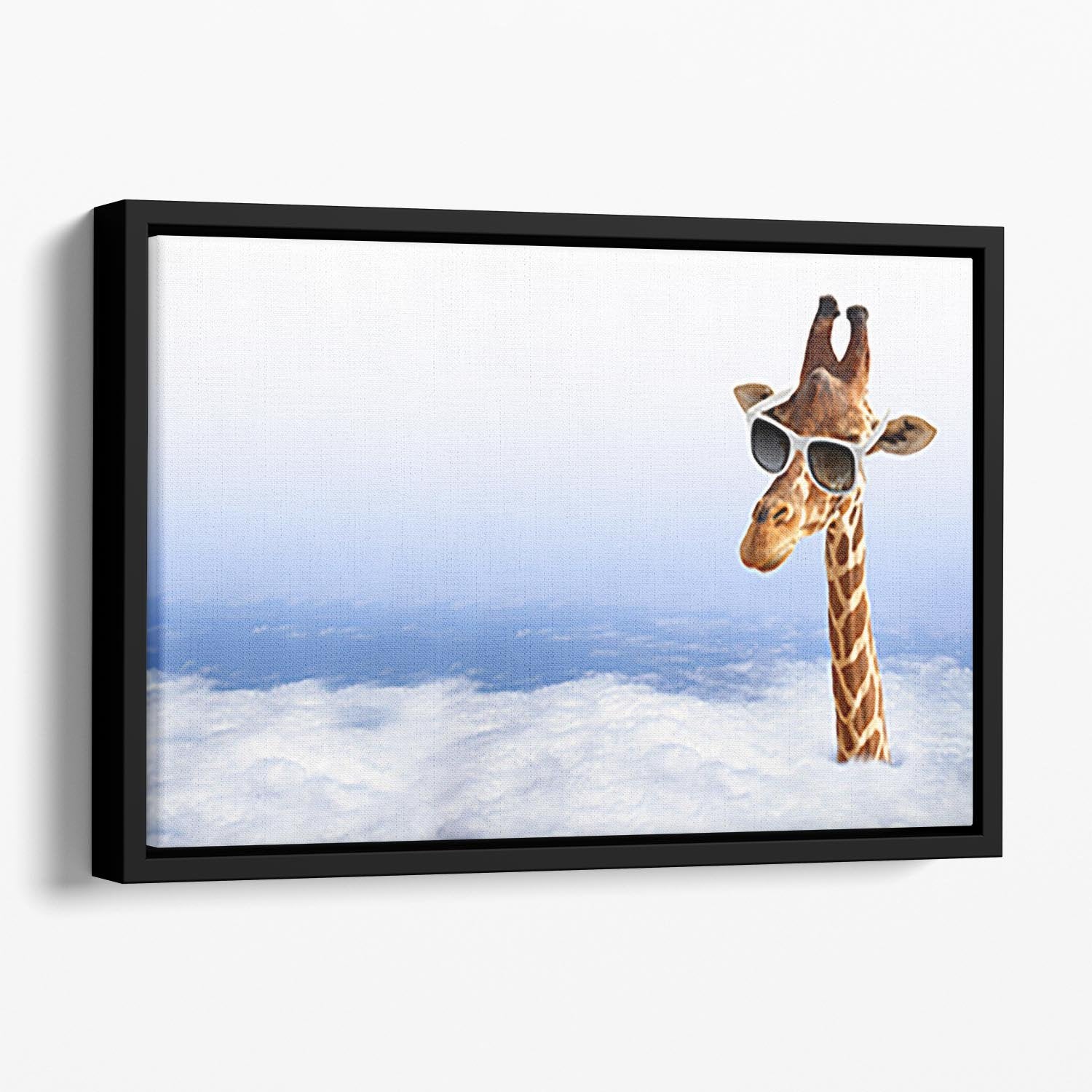 Funny giraffe with sunglasses coming out of the clouds Floating Framed Canvas - Canvas Art Rocks - 1