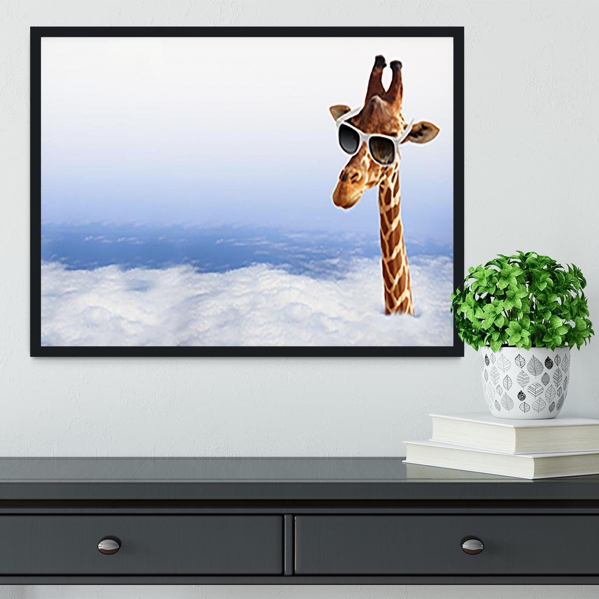 Funny giraffe with sunglasses coming out of the clouds Framed Print - Canvas Art Rocks - 2