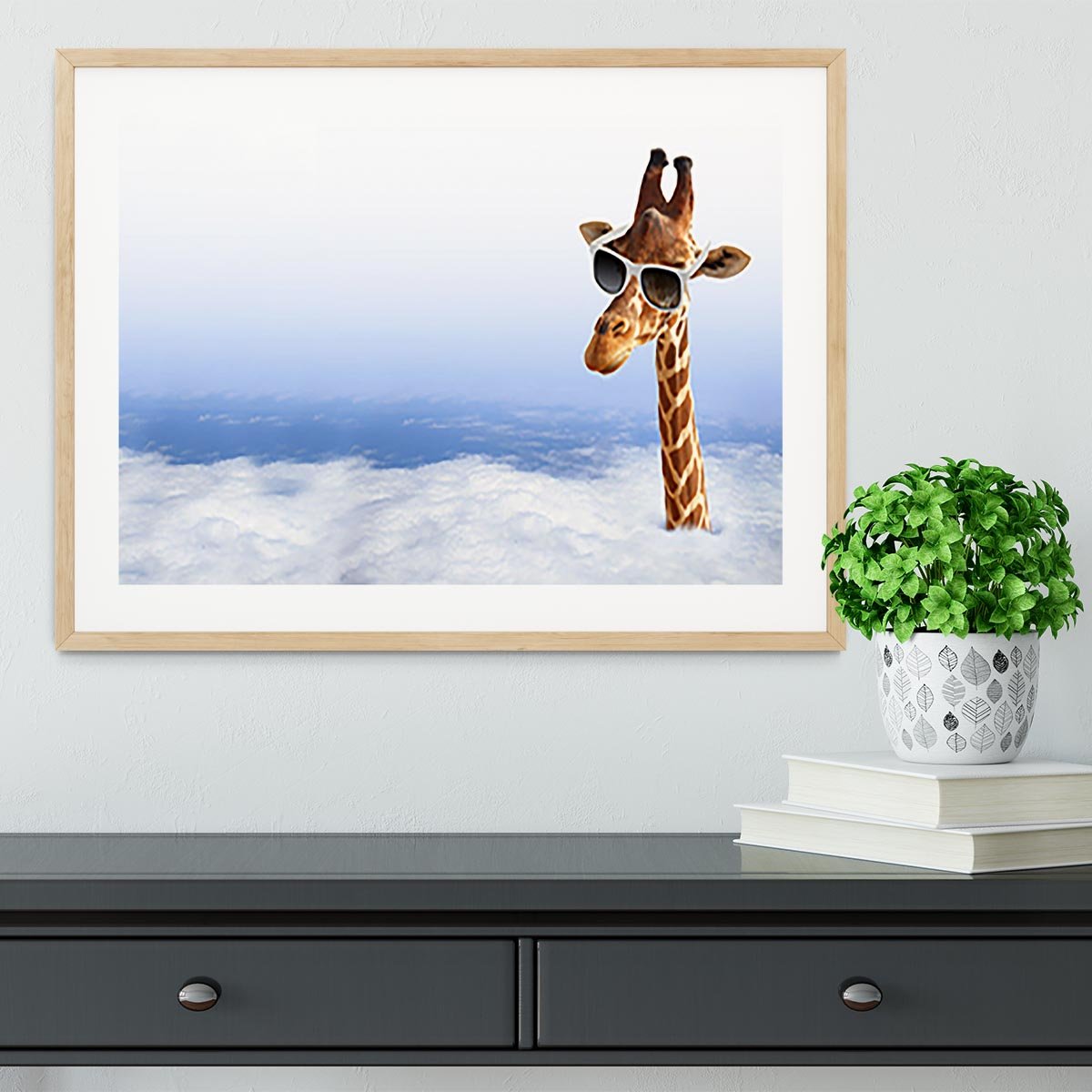Funny giraffe with sunglasses coming out of the clouds Framed Print - Canvas Art Rocks - 3