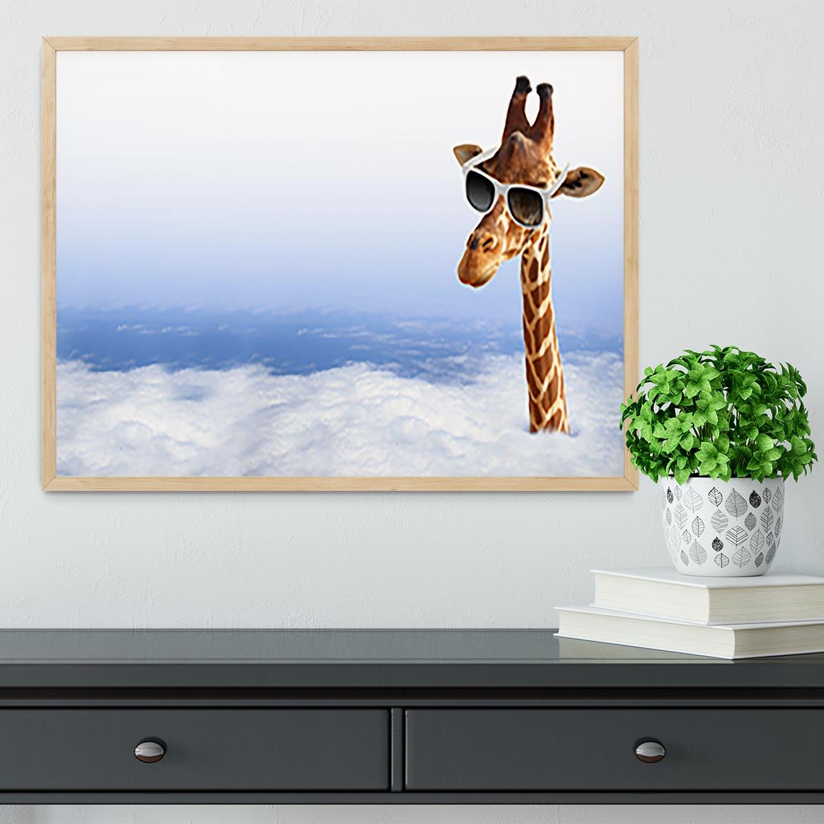 Funny giraffe with sunglasses coming out of the clouds Framed Print - Canvas Art Rocks - 4
