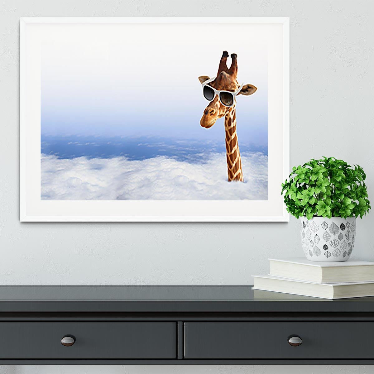 Funny giraffe with sunglasses coming out of the clouds Framed Print - Canvas Art Rocks - 5
