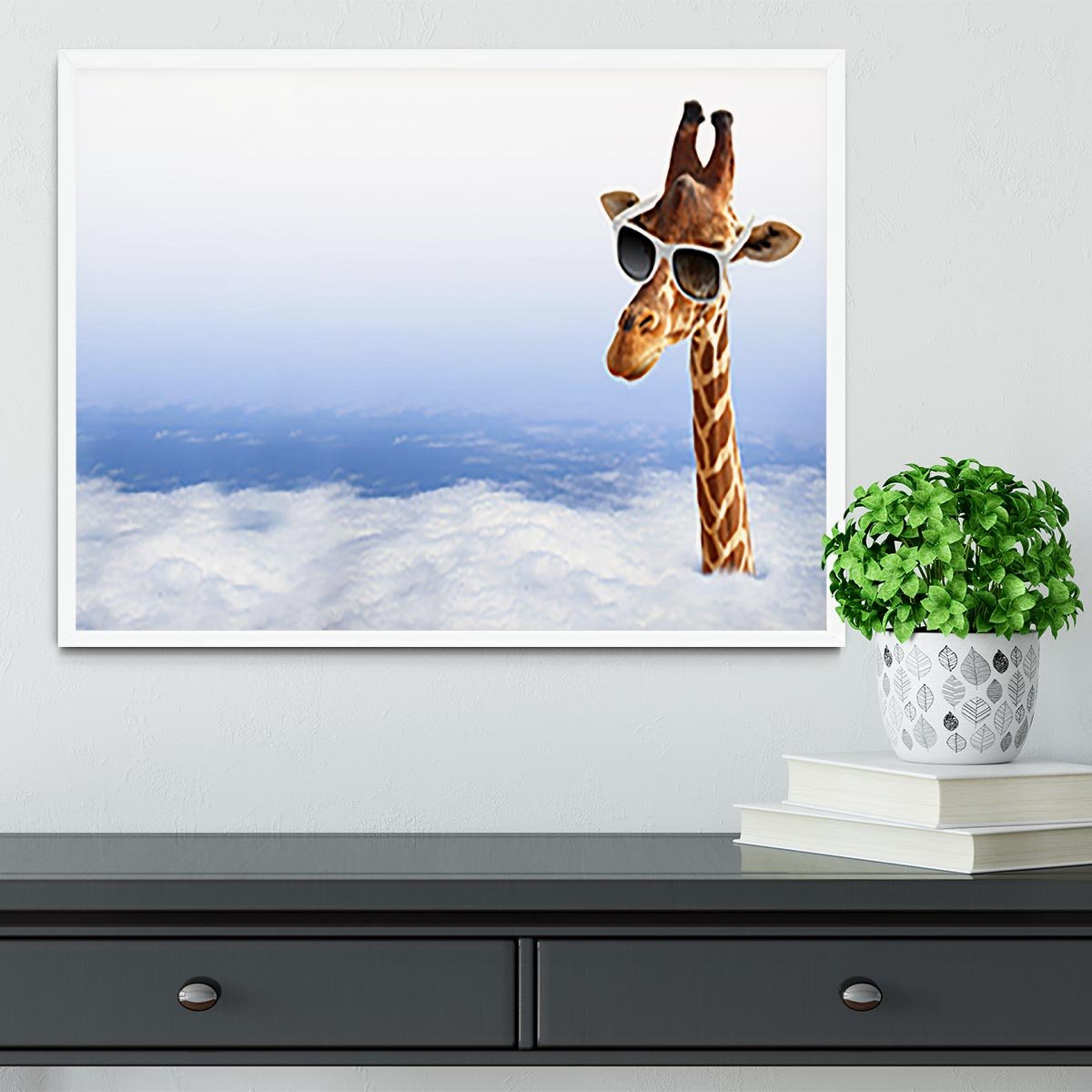 Funny giraffe with sunglasses coming out of the clouds Framed Print - Canvas Art Rocks -6
