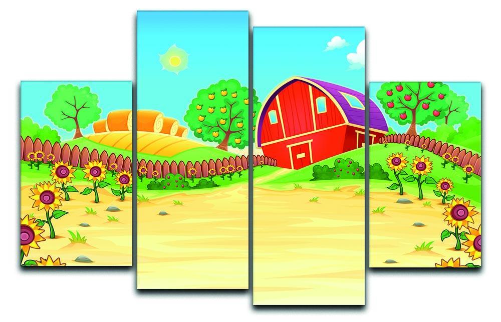 Funny landscape with the farm and sunflowers 4 Split Panel Canvas - Canvas Art Rocks - 1