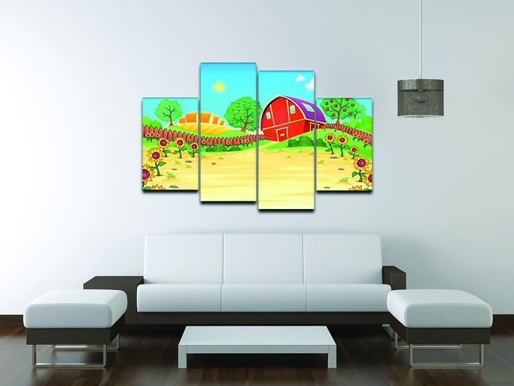 Funny landscape with the farm and sunflowers 4 Split Panel Canvas - Canvas Art Rocks - 3