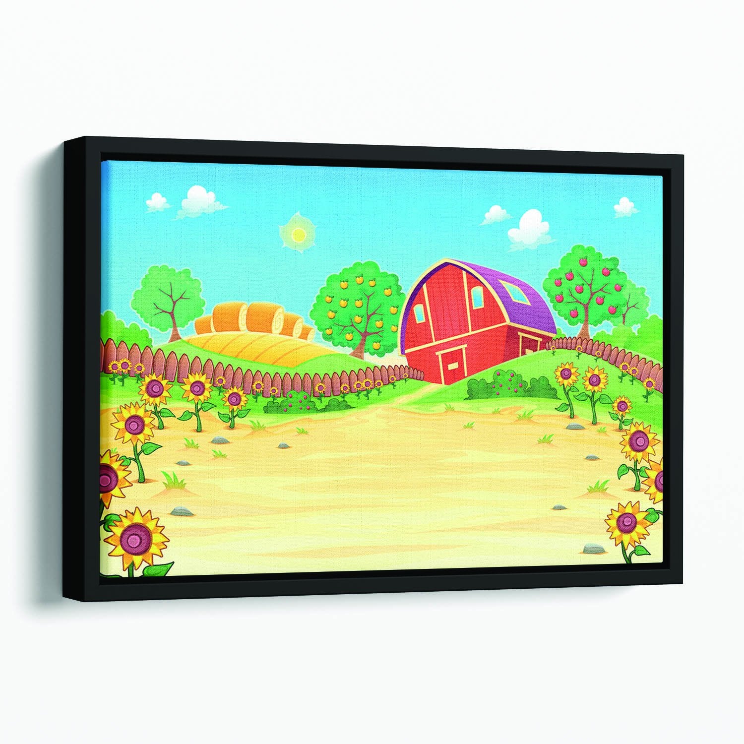 Funny landscape with the farm and sunflowers Floating Framed Canvas