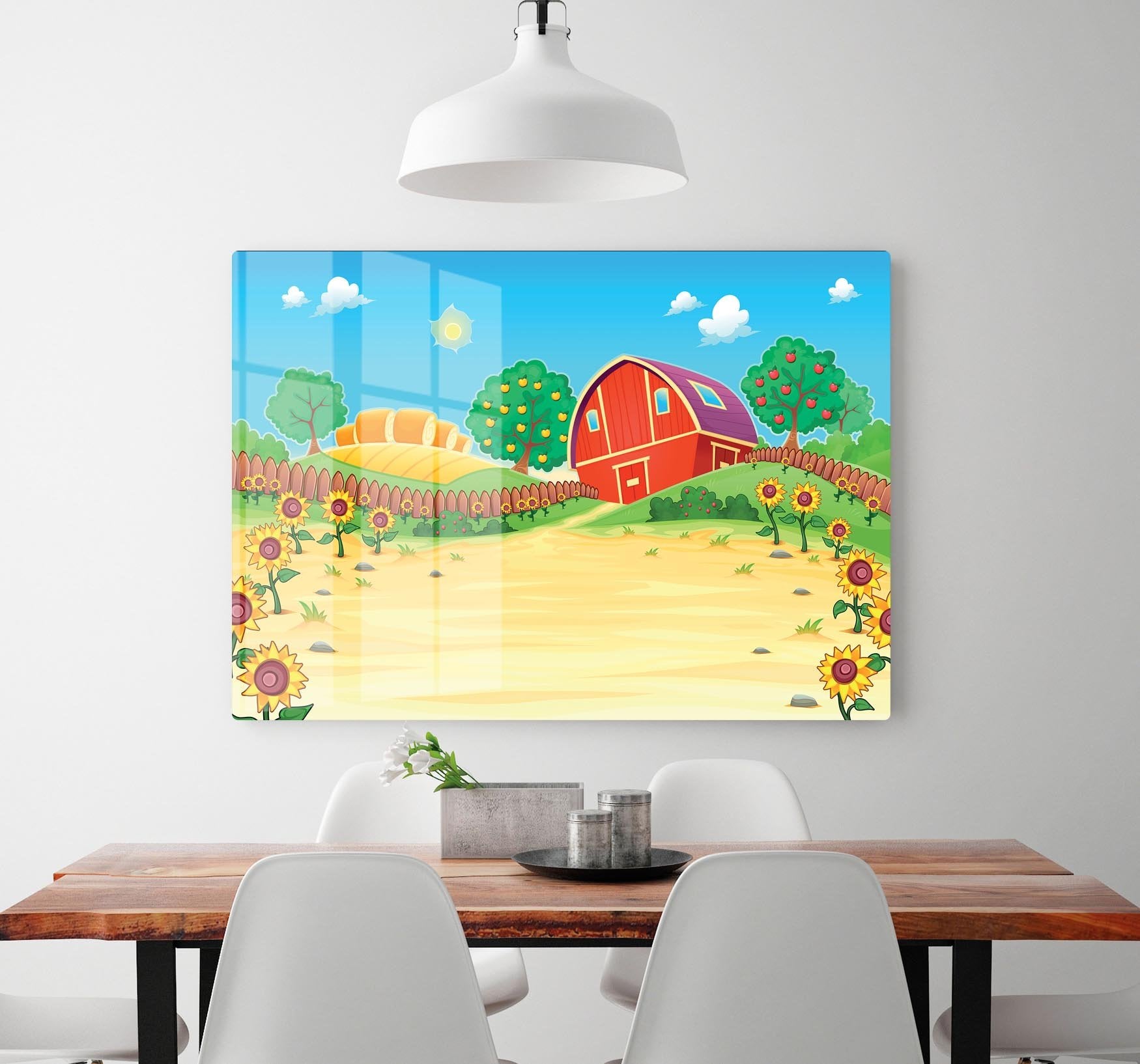 Funny landscape with the farm and sunflowers HD Metal Print - Canvas Art Rocks - 2