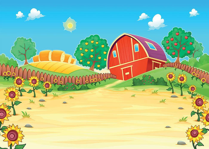 Funny landscape with the farm and sunflowers Wall Mural Wallpaper