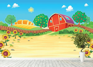 Funny landscape with the farm and sunflowers Wall Mural Wallpaper - Canvas Art Rocks - 4
