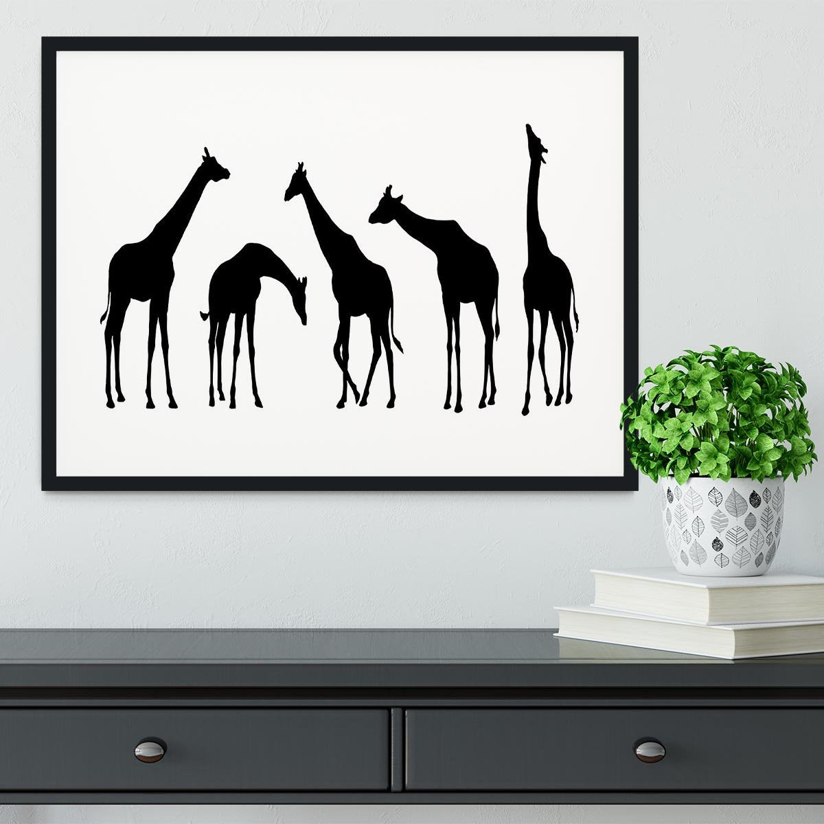 Giraffe silhouettes on the white background Framed Print - Canvas Art Rocks - 1