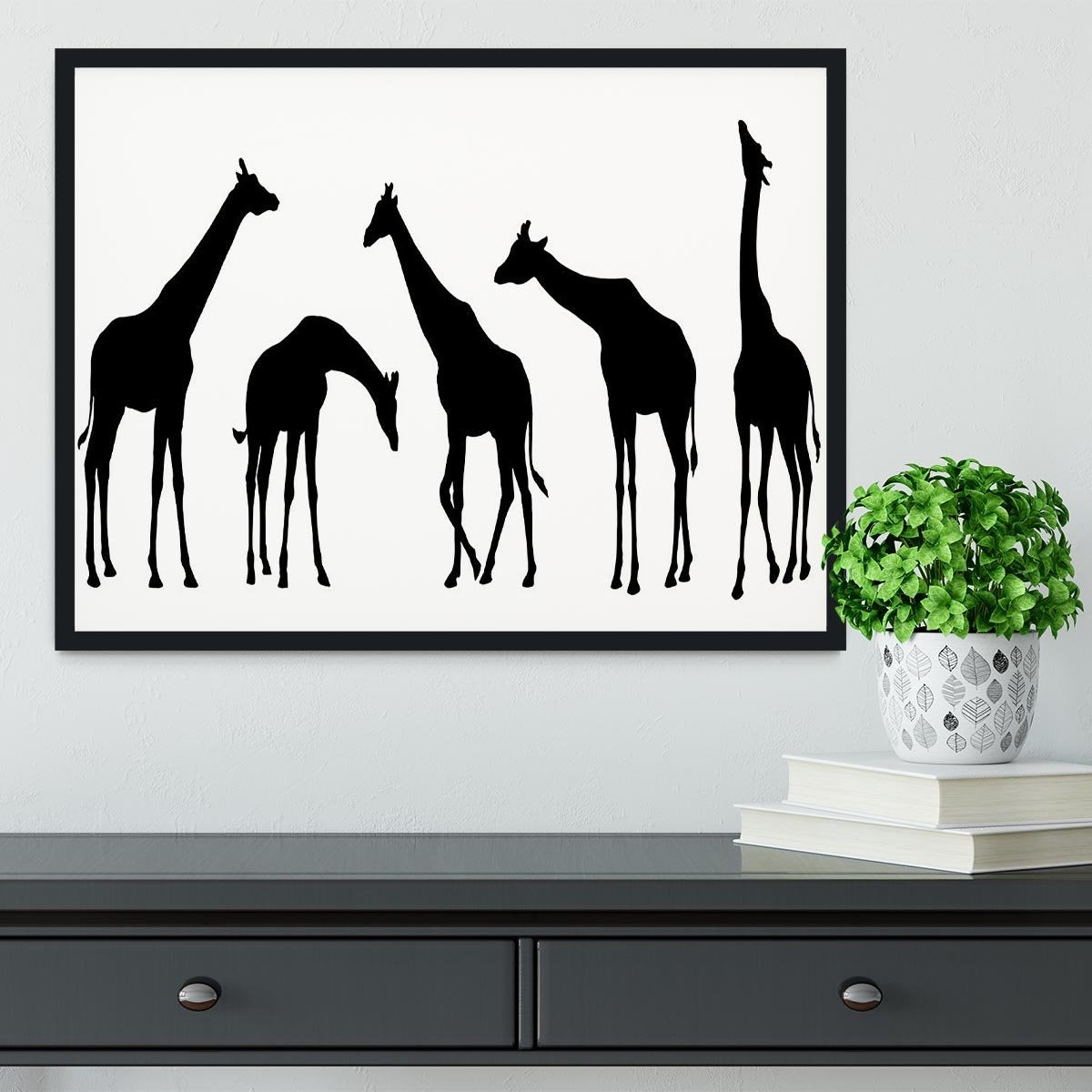 Giraffe silhouettes on the white background Framed Print - Canvas Art Rocks - 2