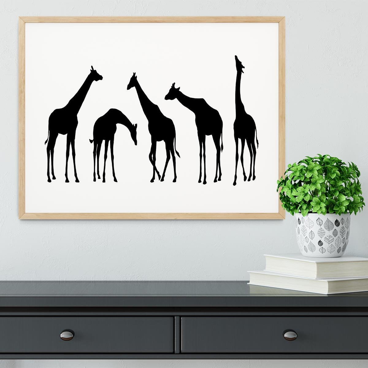 Giraffe silhouettes on the white background Framed Print - Canvas Art Rocks - 3